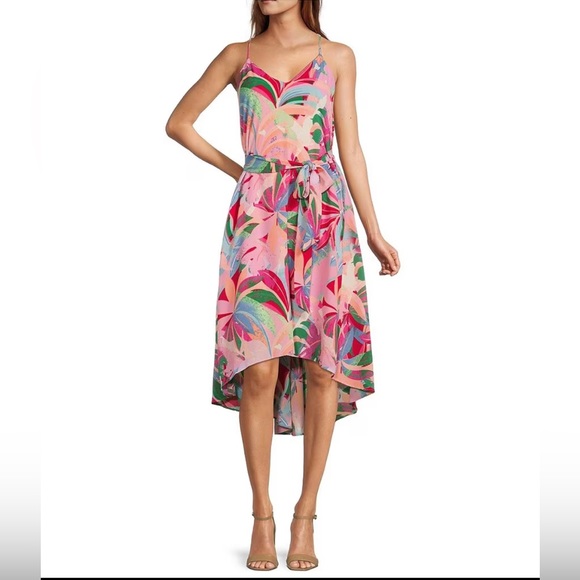 NWT Laundry by Shelli Segal Tropical V-Neck Sash Tie High-Low Dress (Sz 4) - Picture 2 of 7